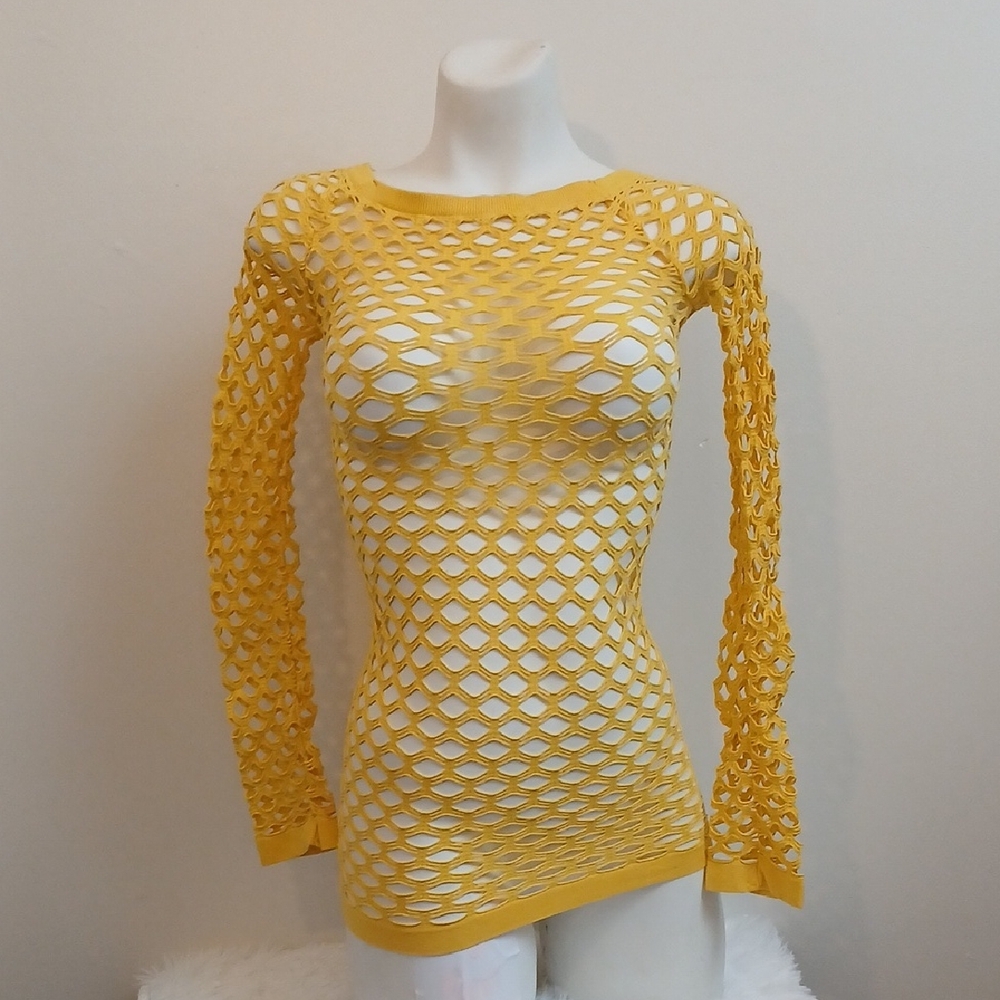 Vintage Retro 80s Rave Punk Grip Yellow Open Net Long Sleeve Top